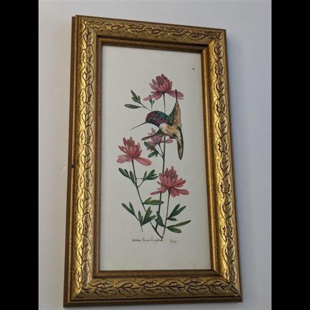 Vintage Wall Décor Hummingbird And Pink Flowers Signed Water Color Print. Bt